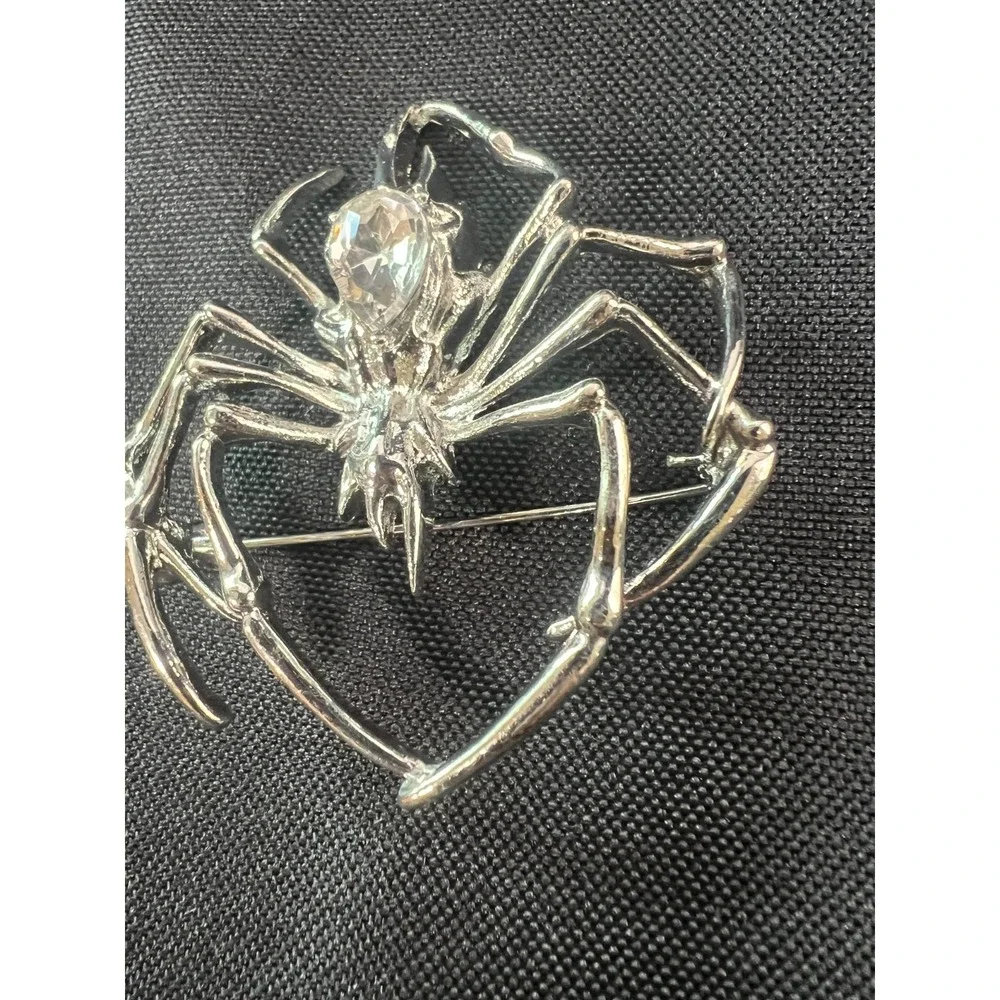 Large Silver‎ Tone Spider Brooch Clear Rhinestone Statement Halloween Gothic